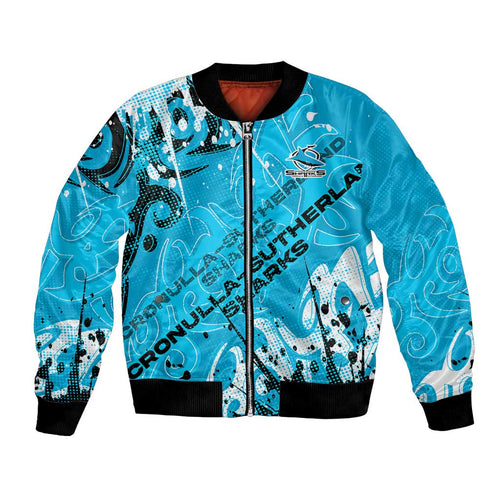 Personalized Cronulla-Sutherland Sharks Rugby Bomber Jacket Urban Street Graffiti Style - Distressed Splatter Elements