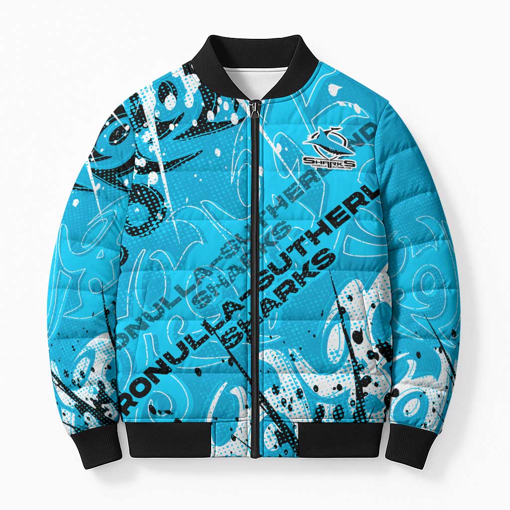 Personalized Cronulla-Sutherland Sharks Rugby Bomber Puffer Jacket Urban Street Graffiti Style - Distressed Splatter Elements