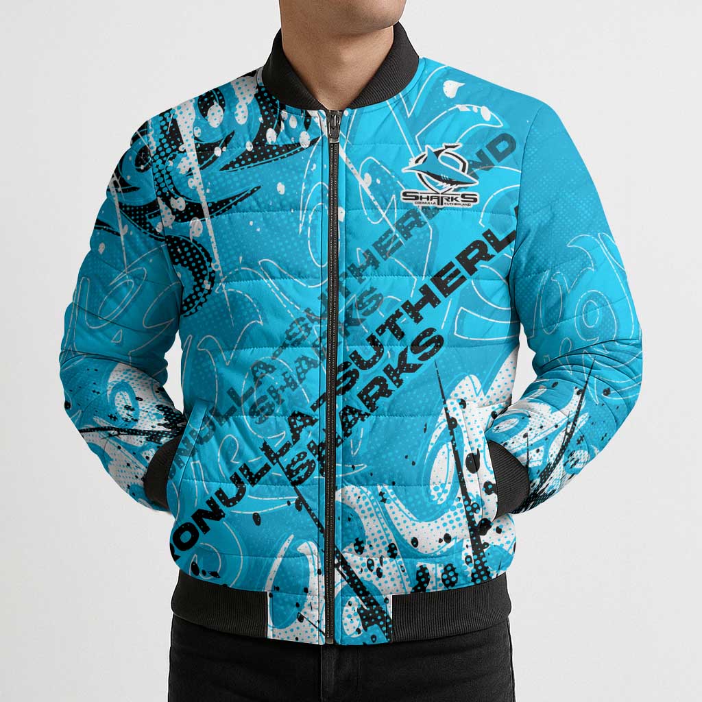 Personalized Cronulla-Sutherland Sharks Rugby Bomber Puffer Jacket Urban Street Graffiti Style - Distressed Splatter Elements