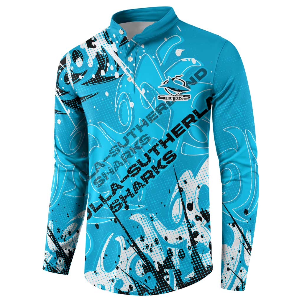 Personalized Cronulla-Sutherland Sharks Rugby Button Sweatshirt Urban Street Graffiti Style - Distressed Splatter Elements