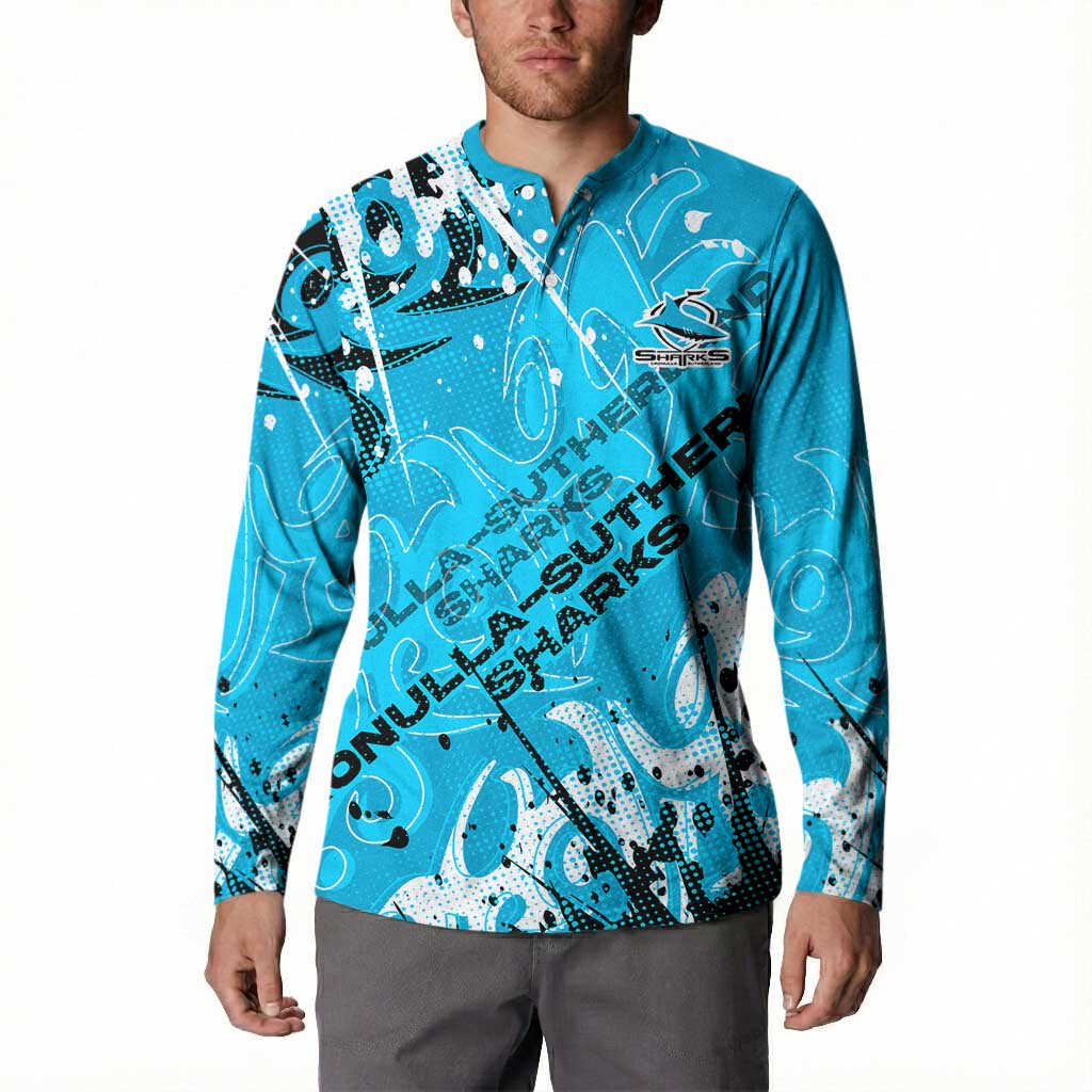 Personalized Cronulla-Sutherland Sharks Rugby Button Sweatshirt Urban Street Graffiti Style - Distressed Splatter Elements