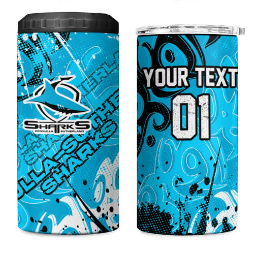 Personalized Cronulla-Sutherland Sharks Rugby 4 in 1 Can Cooler Tumbler Urban Street Graffiti Style - Distressed Splatter Elements