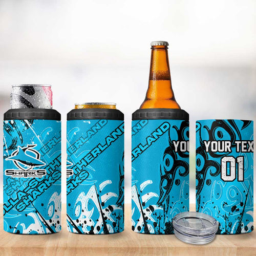 Personalized Cronulla-Sutherland Sharks Rugby 4 in 1 Can Cooler Tumbler Urban Street Graffiti Style - Distressed Splatter Elements
