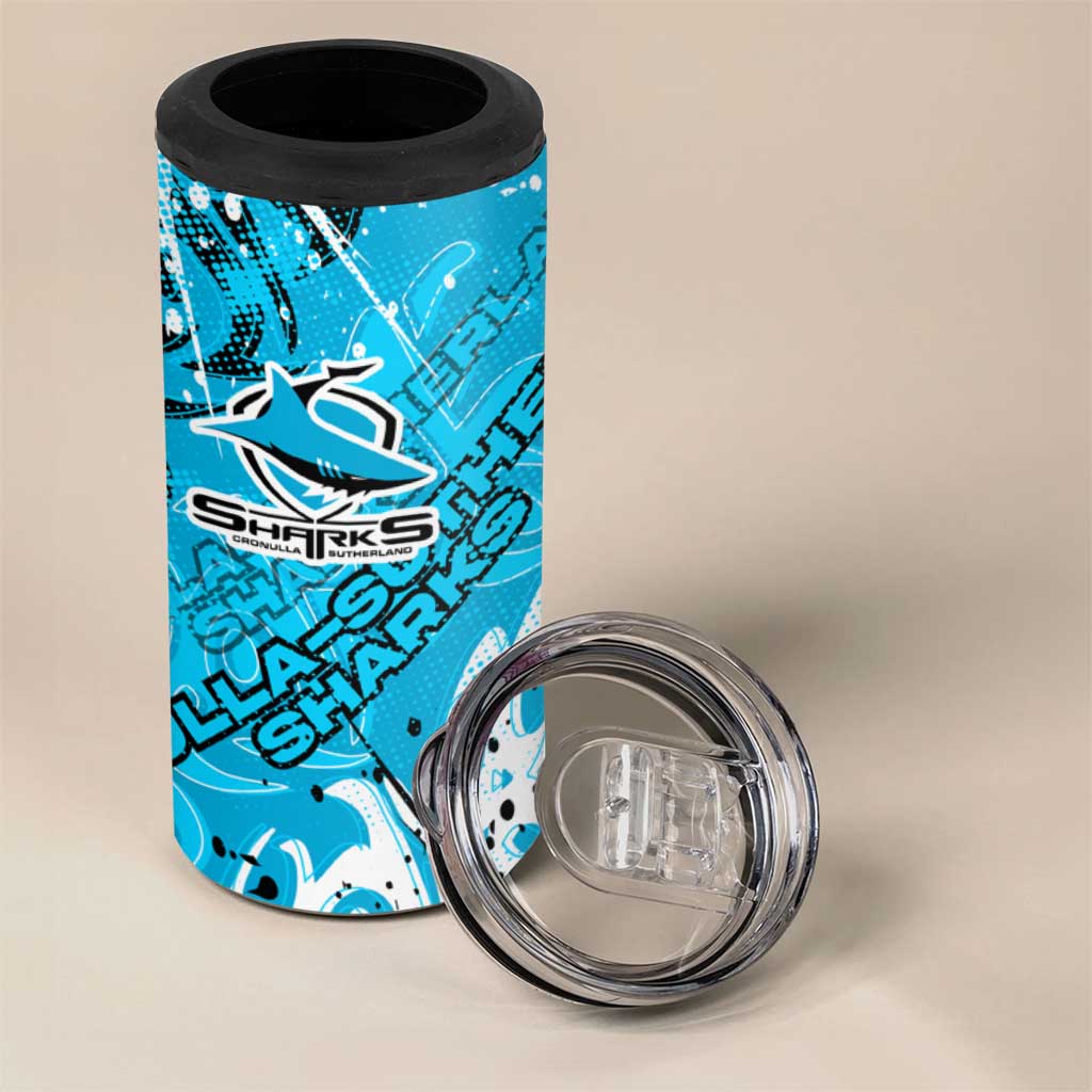 Personalized Cronulla-Sutherland Sharks Rugby 4 in 1 Can Cooler Tumbler Urban Street Graffiti Style - Distressed Splatter Elements