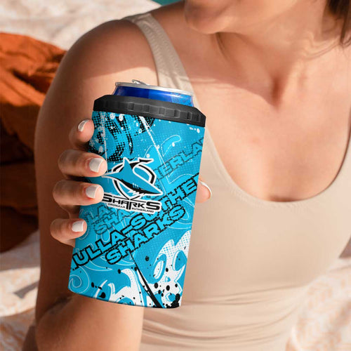 Personalized Cronulla-Sutherland Sharks Rugby 4 in 1 Can Cooler Tumbler Urban Street Graffiti Style - Distressed Splatter Elements