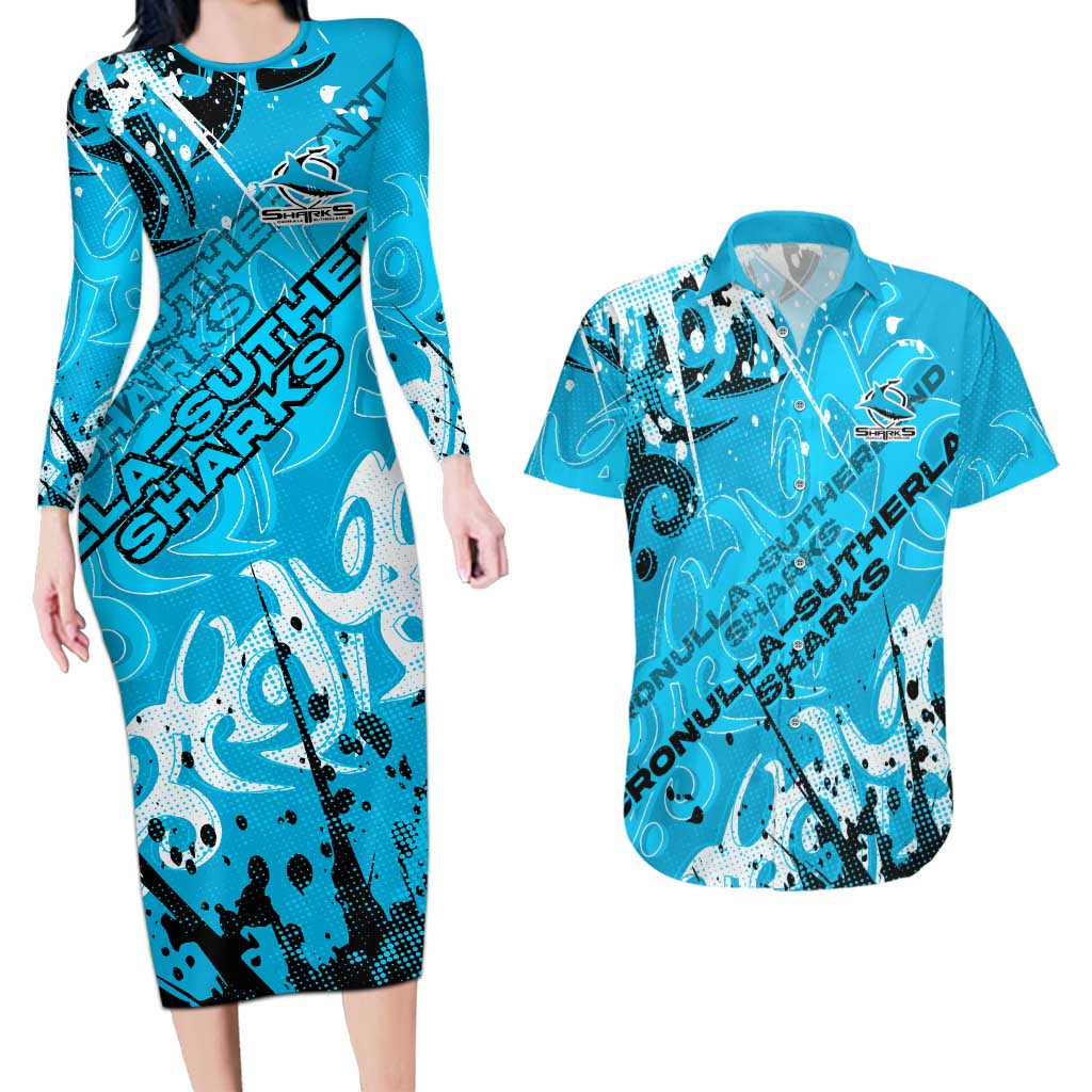 Personalized Cronulla-Sutherland Sharks Rugby Couples Matching Long Sleeve Bodycon Dress and Hawaiian Shirt Urban Street Graffiti Style - Distressed Splatter Elements