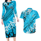 Personalized Cronulla-Sutherland Sharks Rugby Couples Matching Long Sleeve Bodycon Dress and Hawaiian Shirt Urban Street Graffiti Style - Distressed Splatter Elements