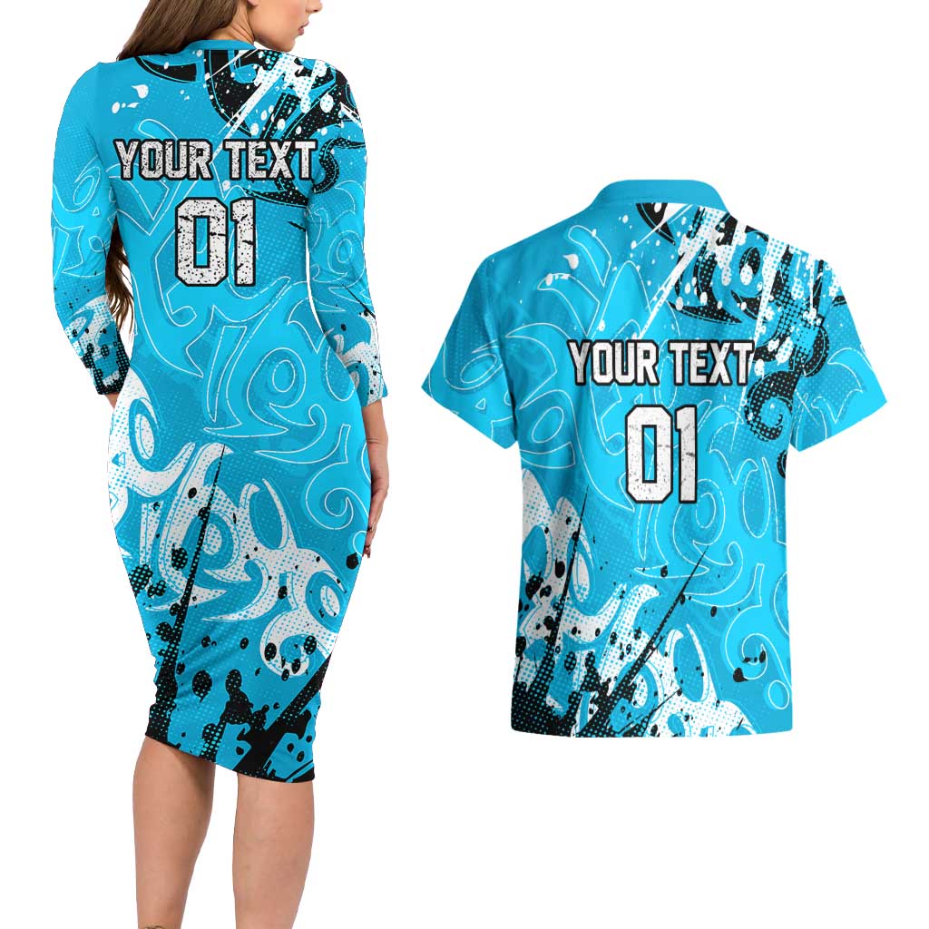 Personalized Cronulla-Sutherland Sharks Rugby Couples Matching Long Sleeve Bodycon Dress and Hawaiian Shirt Urban Street Graffiti Style - Distressed Splatter Elements