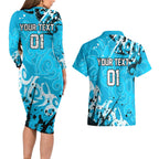 Personalized Cronulla-Sutherland Sharks Rugby Couples Matching Long Sleeve Bodycon Dress and Hawaiian Shirt Urban Street Graffiti Style - Distressed Splatter Elements