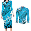 Personalized Cronulla-Sutherland Sharks Rugby Couples Matching Long Sleeve Bodycon Dress and Long Sleeve Button Shirt Urban Street Graffiti Style - Distressed Splatter Elements