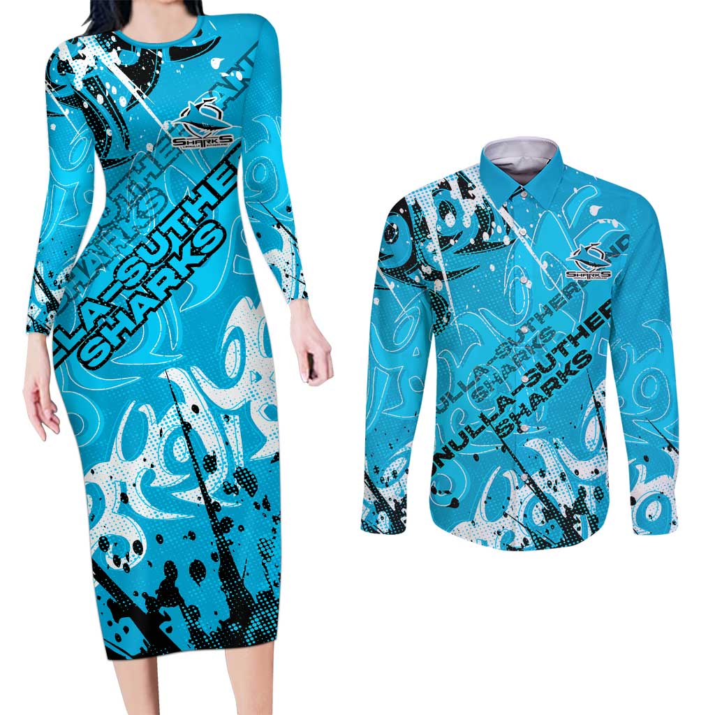 Personalized Cronulla-Sutherland Sharks Rugby Couples Matching Long Sleeve Bodycon Dress and Long Sleeve Button Shirt Urban Street Graffiti Style - Distressed Splatter Elements
