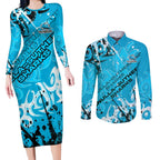 Personalized Cronulla-Sutherland Sharks Rugby Couples Matching Long Sleeve Bodycon Dress and Long Sleeve Button Shirt Urban Street Graffiti Style - Distressed Splatter Elements