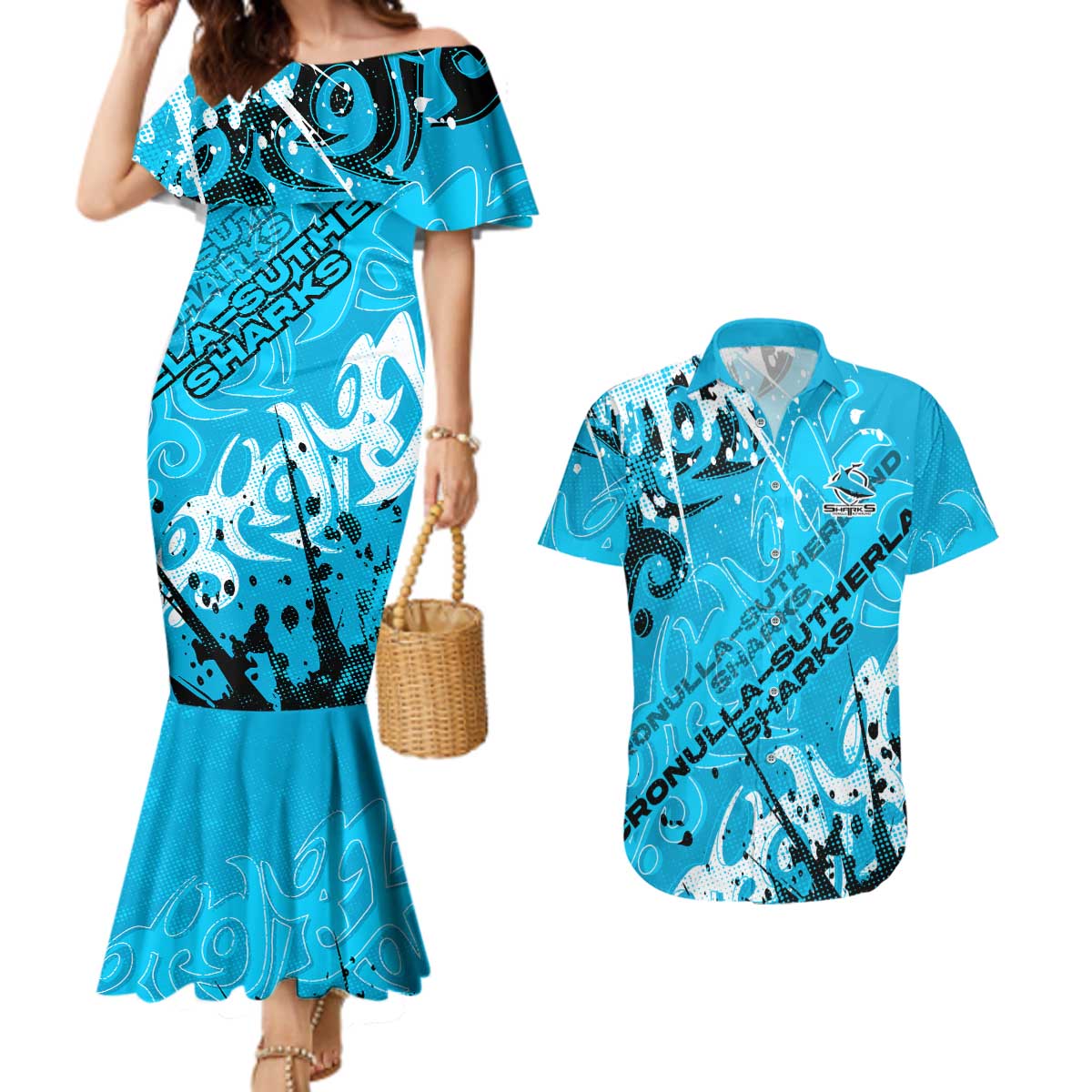Personalized Cronulla-Sutherland Sharks Rugby Couples Matching Mermaid Dress and Hawaiian Shirt Urban Street Graffiti Style - Distressed Splatter Elements