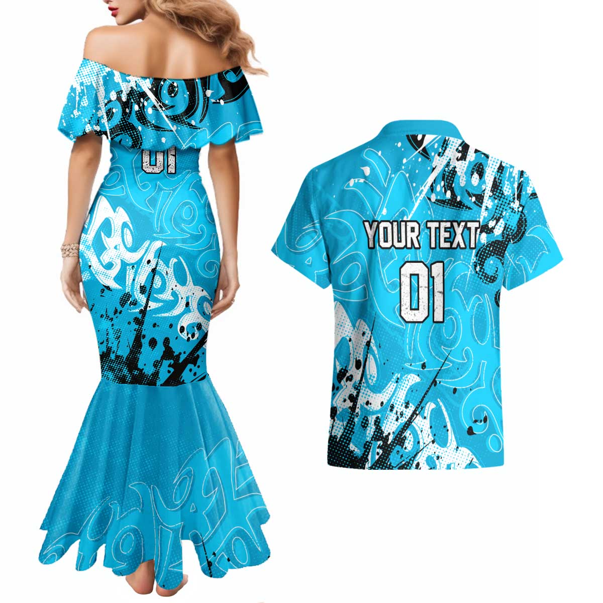 Personalized Cronulla-Sutherland Sharks Rugby Couples Matching Mermaid Dress and Hawaiian Shirt Urban Street Graffiti Style - Distressed Splatter Elements