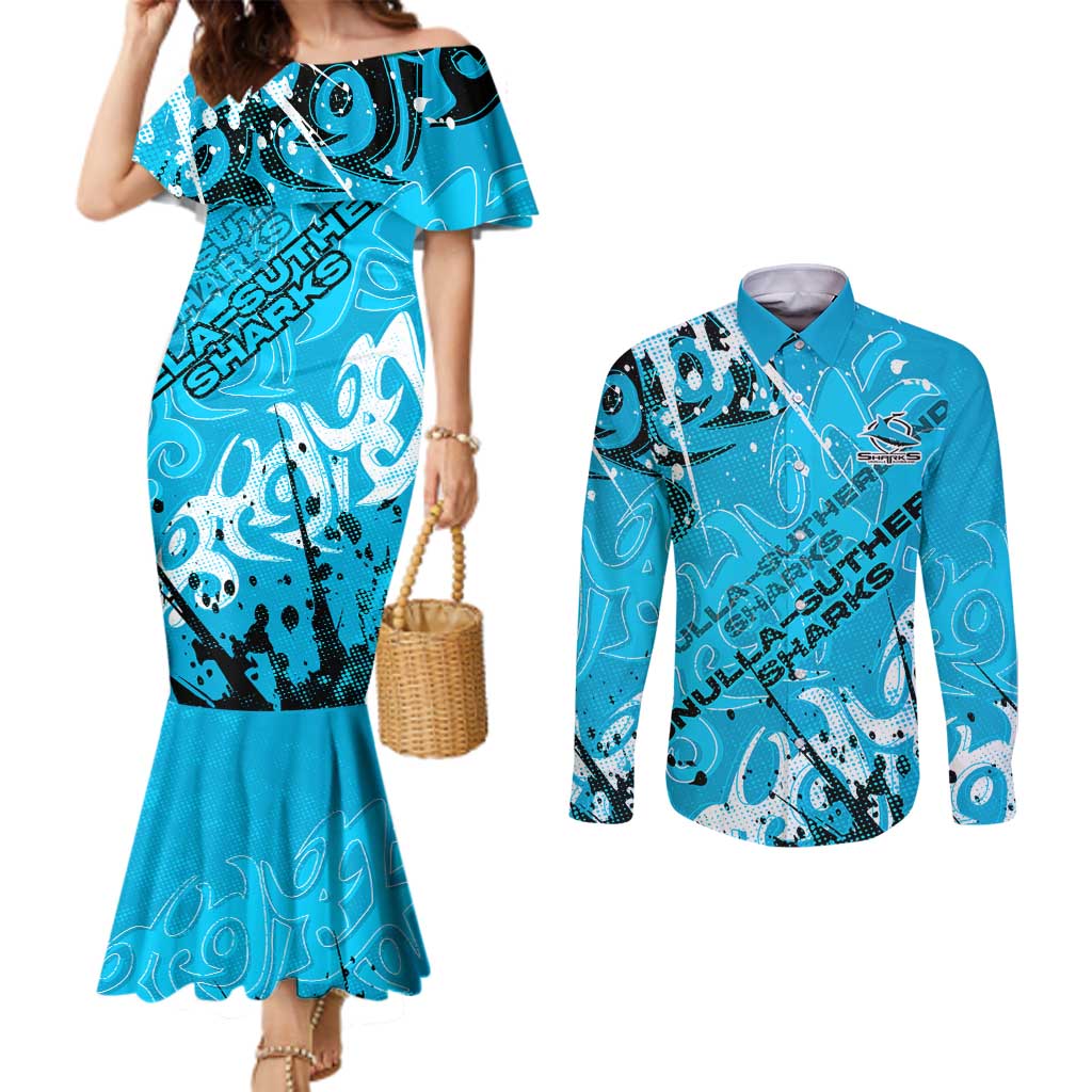 Personalized Cronulla-Sutherland Sharks Rugby Couples Matching Mermaid Dress and Long Sleeve Button Shirt Urban Street Graffiti Style - Distressed Splatter Elements
