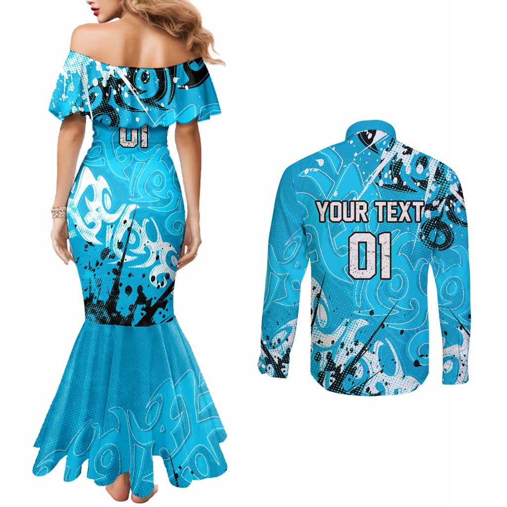 Personalized Cronulla-Sutherland Sharks Rugby Couples Matching Mermaid Dress and Long Sleeve Button Shirt Urban Street Graffiti Style - Distressed Splatter Elements