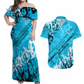 Personalized Cronulla-Sutherland Sharks Rugby Couples Matching Off Shoulder Maxi Dress and Hawaiian Shirt Urban Street Graffiti Style - Distressed Splatter Elements