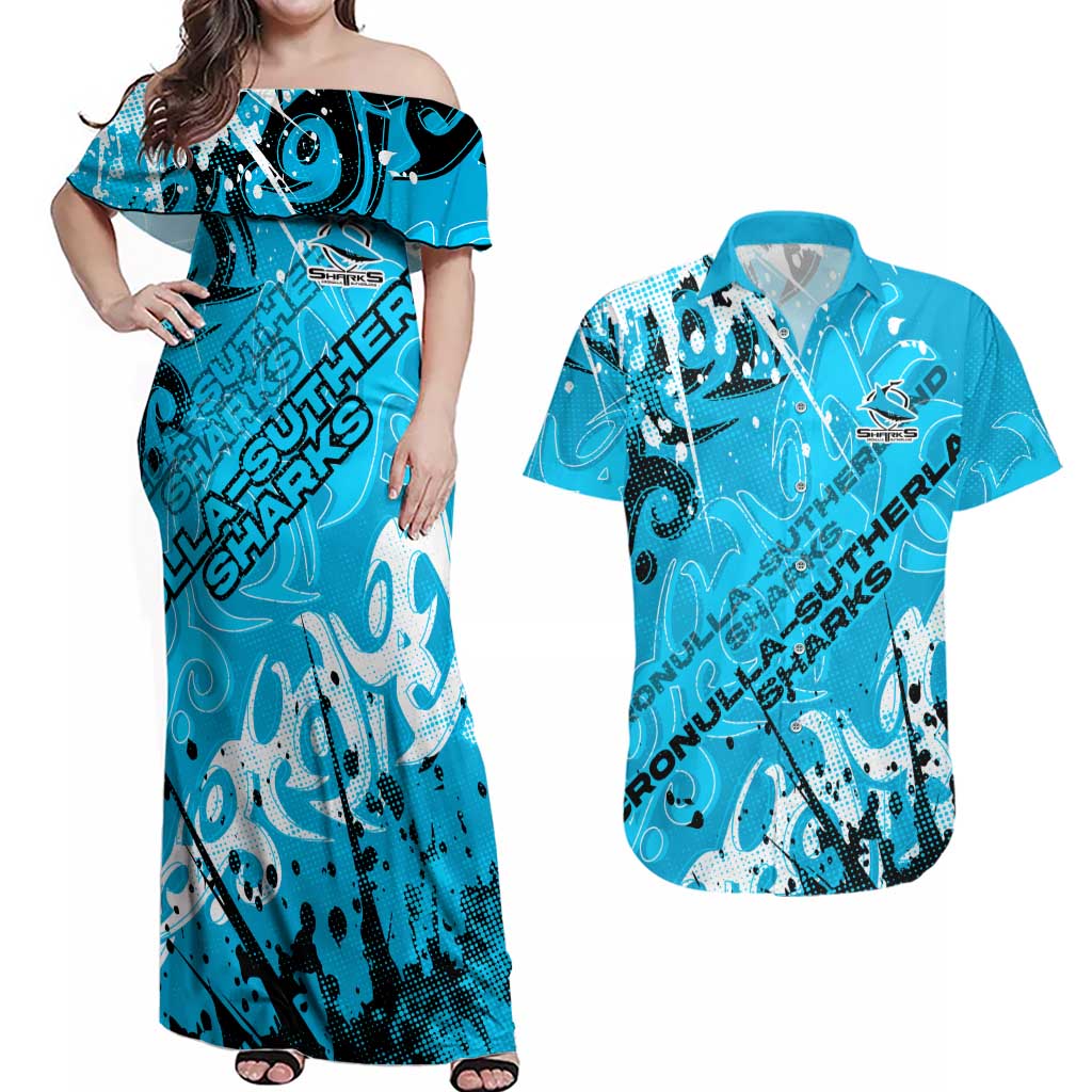 Personalized Cronulla-Sutherland Sharks Rugby Couples Matching Off Shoulder Maxi Dress and Hawaiian Shirt Urban Street Graffiti Style - Distressed Splatter Elements