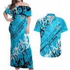 Personalized Cronulla-Sutherland Sharks Rugby Couples Matching Off Shoulder Maxi Dress and Hawaiian Shirt Urban Street Graffiti Style - Distressed Splatter Elements