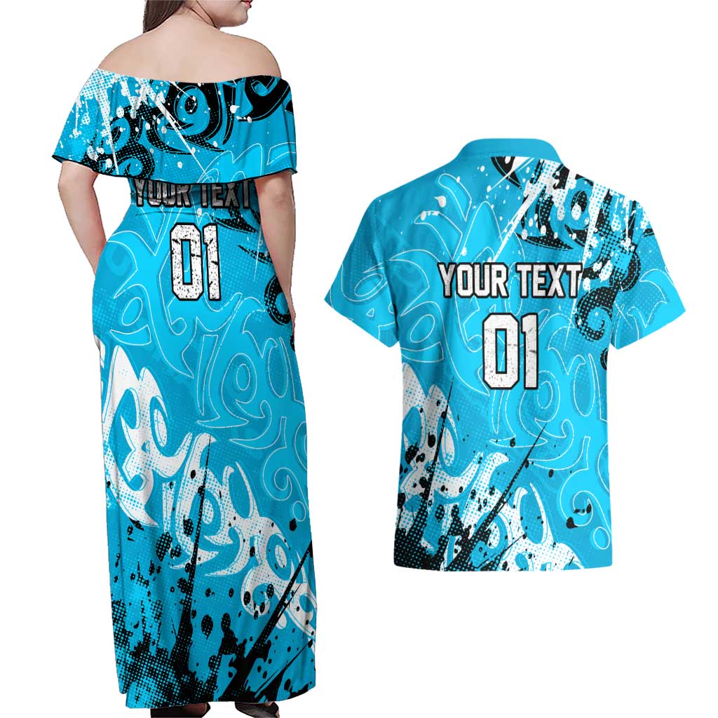 Personalized Cronulla-Sutherland Sharks Rugby Couples Matching Off Shoulder Maxi Dress and Hawaiian Shirt Urban Street Graffiti Style - Distressed Splatter Elements