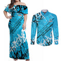 Personalized Cronulla-Sutherland Sharks Rugby Couples Matching Off Shoulder Maxi Dress and Long Sleeve Button Shirt Urban Street Graffiti Style - Distressed Splatter Elements