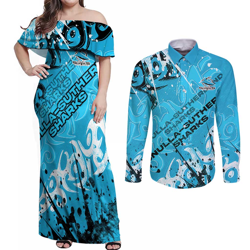 Personalized Cronulla-Sutherland Sharks Rugby Couples Matching Off Shoulder Maxi Dress and Long Sleeve Button Shirt Urban Street Graffiti Style - Distressed Splatter Elements