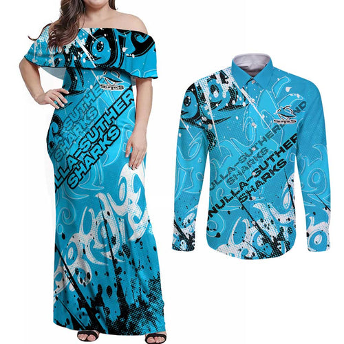 Personalized Cronulla-Sutherland Sharks Rugby Couples Matching Off Shoulder Maxi Dress and Long Sleeve Button Shirt Urban Street Graffiti Style - Distressed Splatter Elements