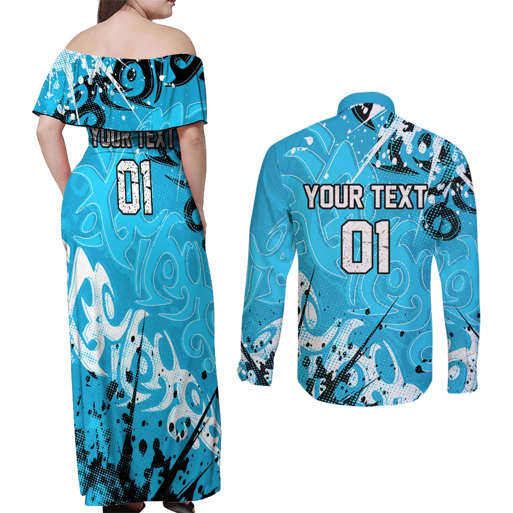 Personalized Cronulla-Sutherland Sharks Rugby Couples Matching Off Shoulder Maxi Dress and Long Sleeve Button Shirt Urban Street Graffiti Style - Distressed Splatter Elements