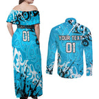 Personalized Cronulla-Sutherland Sharks Rugby Couples Matching Off Shoulder Maxi Dress and Long Sleeve Button Shirt Urban Street Graffiti Style - Distressed Splatter Elements