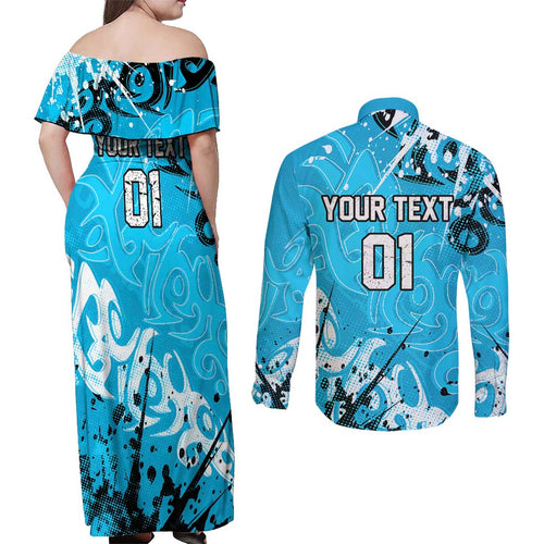 Personalized Cronulla-Sutherland Sharks Rugby Couples Matching Off Shoulder Maxi Dress and Long Sleeve Button Shirt Urban Street Graffiti Style - Distressed Splatter Elements
