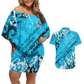 Personalized Cronulla-Sutherland Sharks Rugby Couples Matching Off Shoulder Short Dress and Hawaiian Shirt Urban Street Graffiti Style - Distressed Splatter Elements