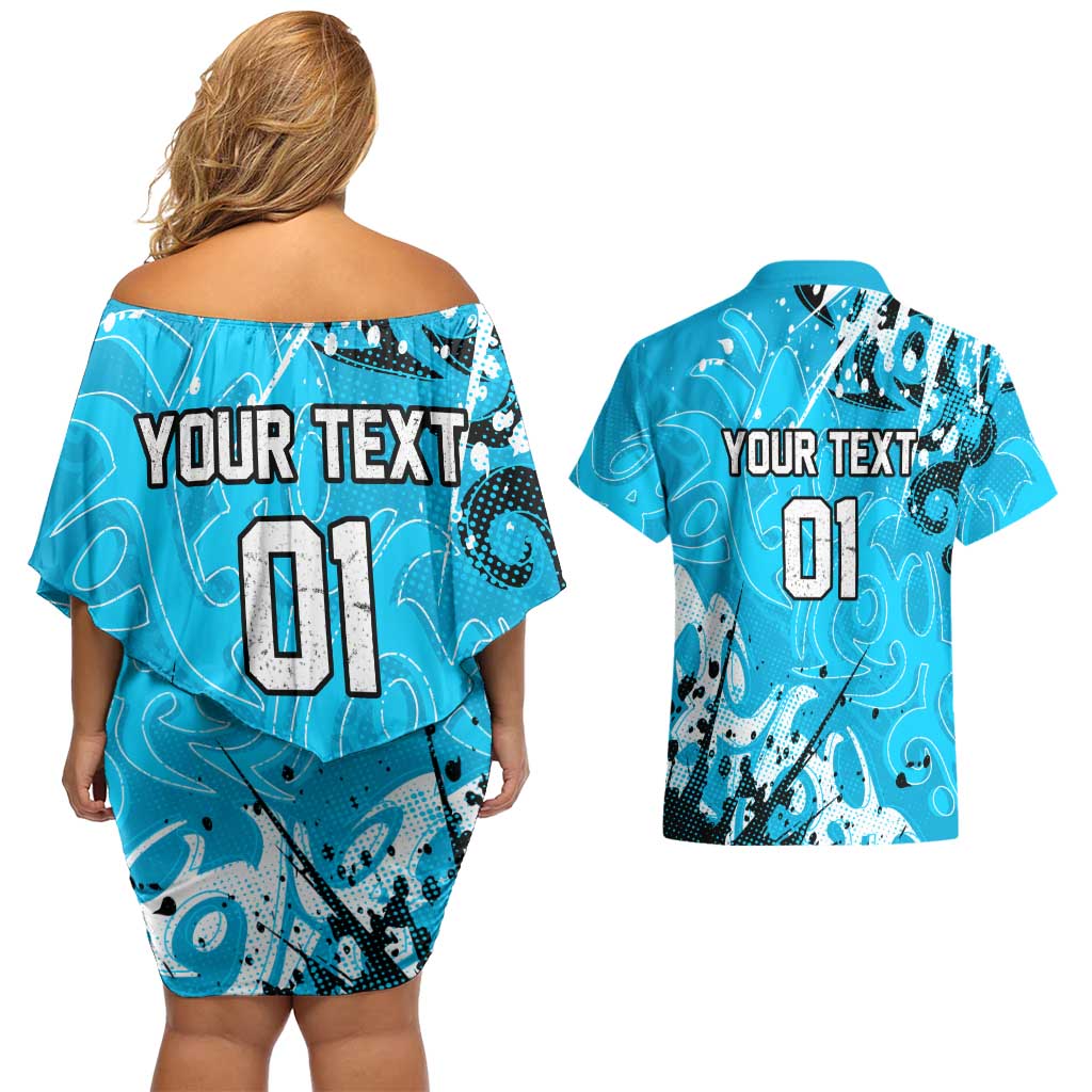 Personalized Cronulla-Sutherland Sharks Rugby Couples Matching Off Shoulder Short Dress and Hawaiian Shirt Urban Street Graffiti Style - Distressed Splatter Elements
