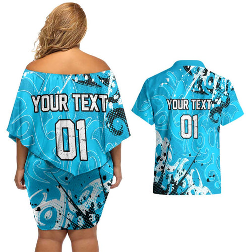 Personalized Cronulla-Sutherland Sharks Rugby Couples Matching Off Shoulder Short Dress and Hawaiian Shirt Urban Street Graffiti Style - Distressed Splatter Elements