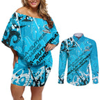 Personalized Cronulla-Sutherland Sharks Rugby Couples Matching Off Shoulder Short Dress and Long Sleeve Button Shirt Urban Street Graffiti Style - Distressed Splatter Elements
