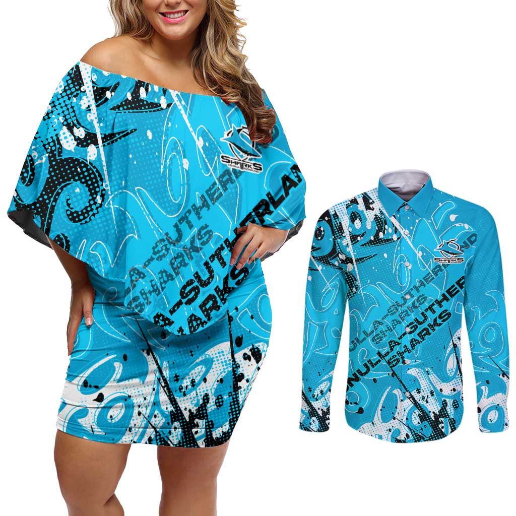 Personalized Cronulla-Sutherland Sharks Rugby Couples Matching Off Shoulder Short Dress and Long Sleeve Button Shirt Urban Street Graffiti Style - Distressed Splatter Elements