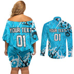 Personalized Cronulla-Sutherland Sharks Rugby Couples Matching Off Shoulder Short Dress and Long Sleeve Button Shirt Urban Street Graffiti Style - Distressed Splatter Elements
