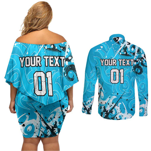 Personalized Cronulla-Sutherland Sharks Rugby Couples Matching Off Shoulder Short Dress and Long Sleeve Button Shirt Urban Street Graffiti Style - Distressed Splatter Elements