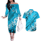 Personalized Cronulla-Sutherland Sharks Rugby Couples Matching Off The Shoulder Long Sleeve Dress and Hawaiian Shirt Urban Street Graffiti Style - Distressed Splatter Elements
