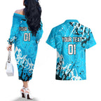 Personalized Cronulla-Sutherland Sharks Rugby Couples Matching Off The Shoulder Long Sleeve Dress and Hawaiian Shirt Urban Street Graffiti Style - Distressed Splatter Elements
