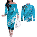 Personalized Cronulla-Sutherland Sharks Rugby Couples Matching Off The Shoulder Long Sleeve Dress and Long Sleeve Button Shirt Urban Street Graffiti Style - Distressed Splatter Elements