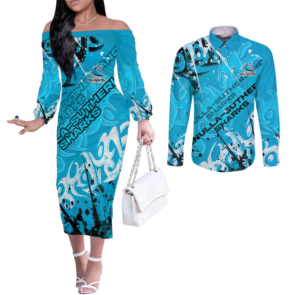 Personalized Cronulla-Sutherland Sharks Rugby Couples Matching Off The Shoulder Long Sleeve Dress and Long Sleeve Button Shirt Urban Street Graffiti Style - Distressed Splatter Elements