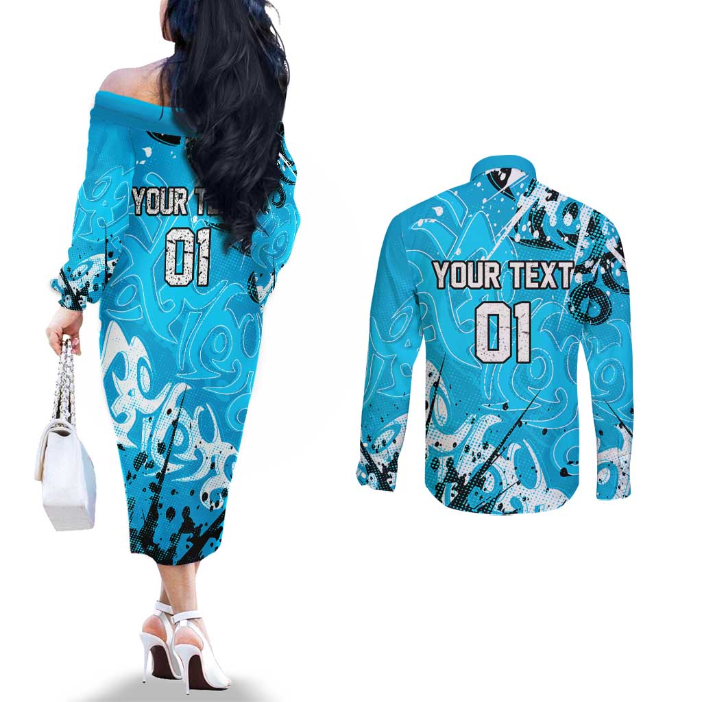 Personalized Cronulla-Sutherland Sharks Rugby Couples Matching Off The Shoulder Long Sleeve Dress and Long Sleeve Button Shirt Urban Street Graffiti Style - Distressed Splatter Elements
