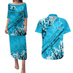 Personalized Cronulla-Sutherland Sharks Rugby Couples Matching Puletasi and Hawaiian Shirt Urban Street Graffiti Style - Distressed Splatter Elements
