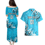 Personalized Cronulla-Sutherland Sharks Rugby Couples Matching Puletasi and Hawaiian Shirt Urban Street Graffiti Style - Distressed Splatter Elements