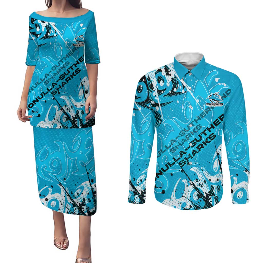 Personalized Cronulla-Sutherland Sharks Rugby Couples Matching Puletasi and Long Sleeve Button Shirt Urban Street Graffiti Style - Distressed Splatter Elements