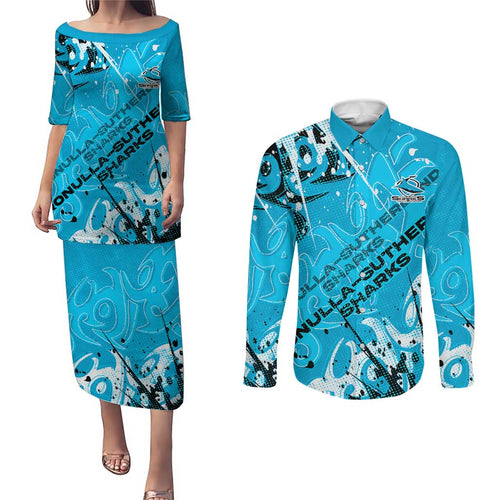 Personalized Cronulla-Sutherland Sharks Rugby Couples Matching Puletasi and Long Sleeve Button Shirt Urban Street Graffiti Style - Distressed Splatter Elements