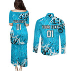 Personalized Cronulla-Sutherland Sharks Rugby Couples Matching Puletasi and Long Sleeve Button Shirt Urban Street Graffiti Style - Distressed Splatter Elements