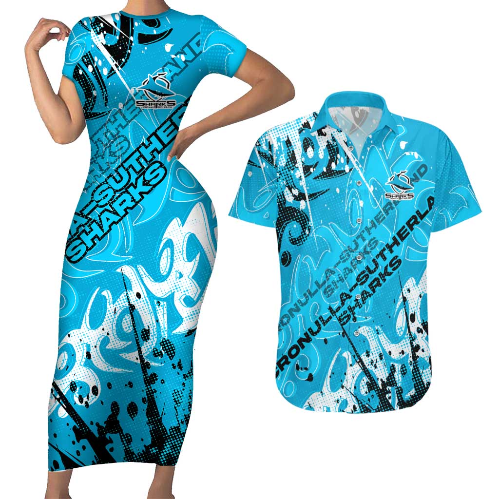 Personalized Cronulla-Sutherland Sharks Rugby Couples Matching Short Sleeve Bodycon Dress and Hawaiian Shirt Urban Street Graffiti Style - Distressed Splatter Elements