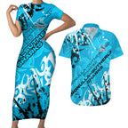 Personalized Cronulla-Sutherland Sharks Rugby Couples Matching Short Sleeve Bodycon Dress and Hawaiian Shirt Urban Street Graffiti Style - Distressed Splatter Elements