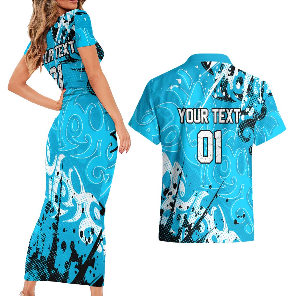 Personalized Cronulla-Sutherland Sharks Rugby Couples Matching Short Sleeve Bodycon Dress and Hawaiian Shirt Urban Street Graffiti Style - Distressed Splatter Elements